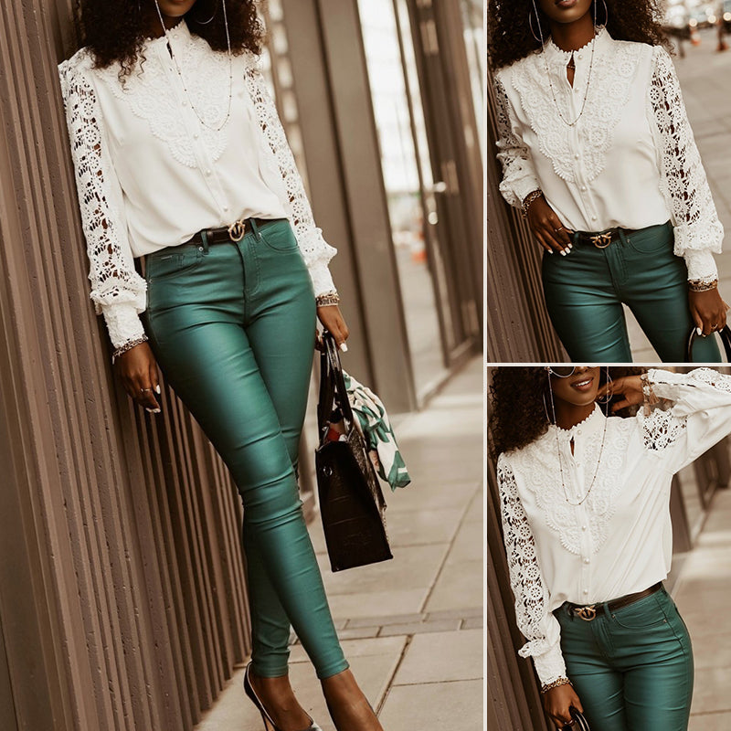 Lace Long Sleeve V-Neck Button-Up Shirt