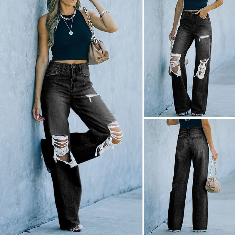 Women Wide Leg Distressed Jeans