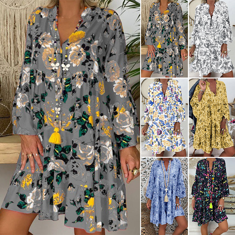V-Neck Button-Up Ruffle Dress