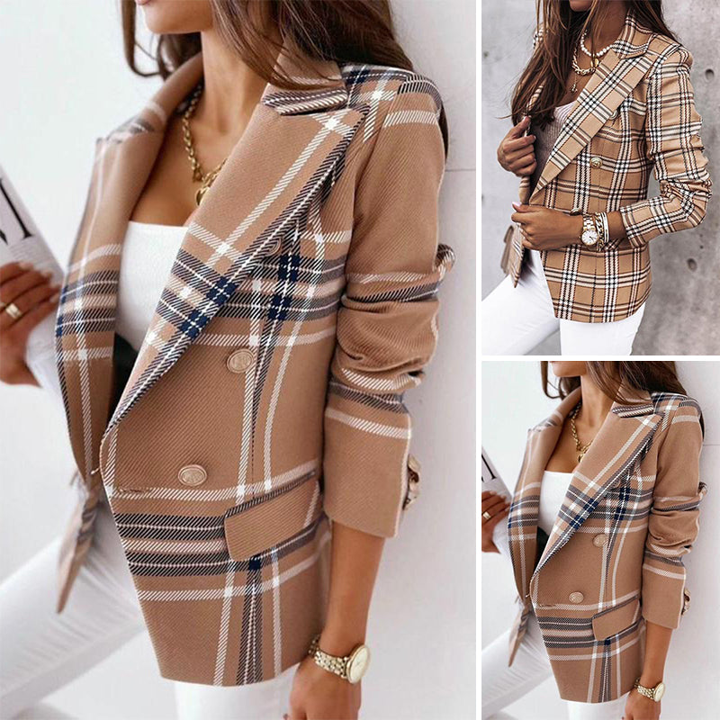 Long Sleeve Double Breasted Plaid Print Blazer