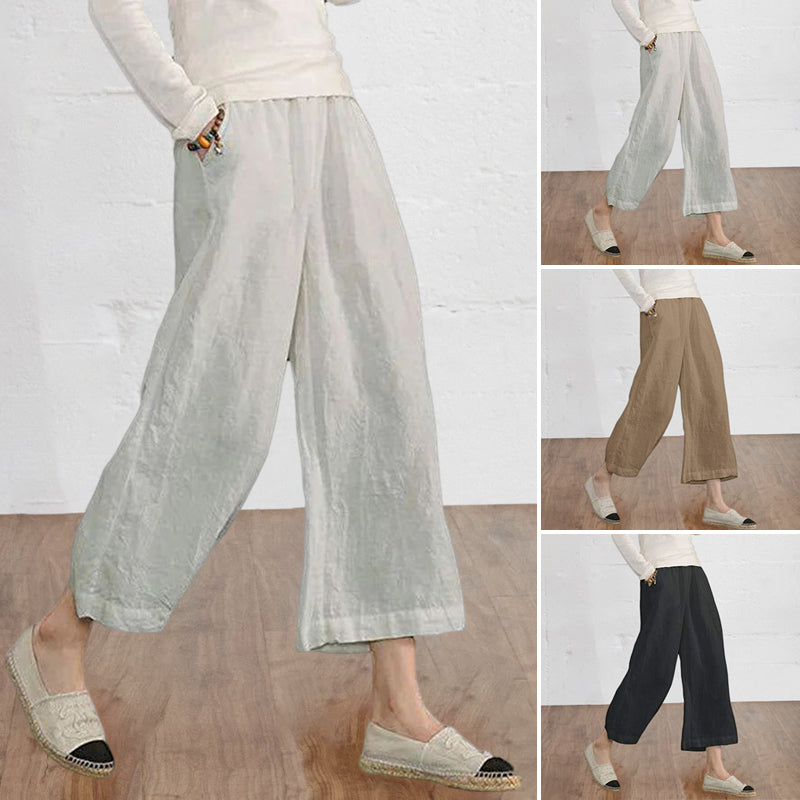 Solid Color Cotton and Linen Loose Wide-leg Cropped Pants