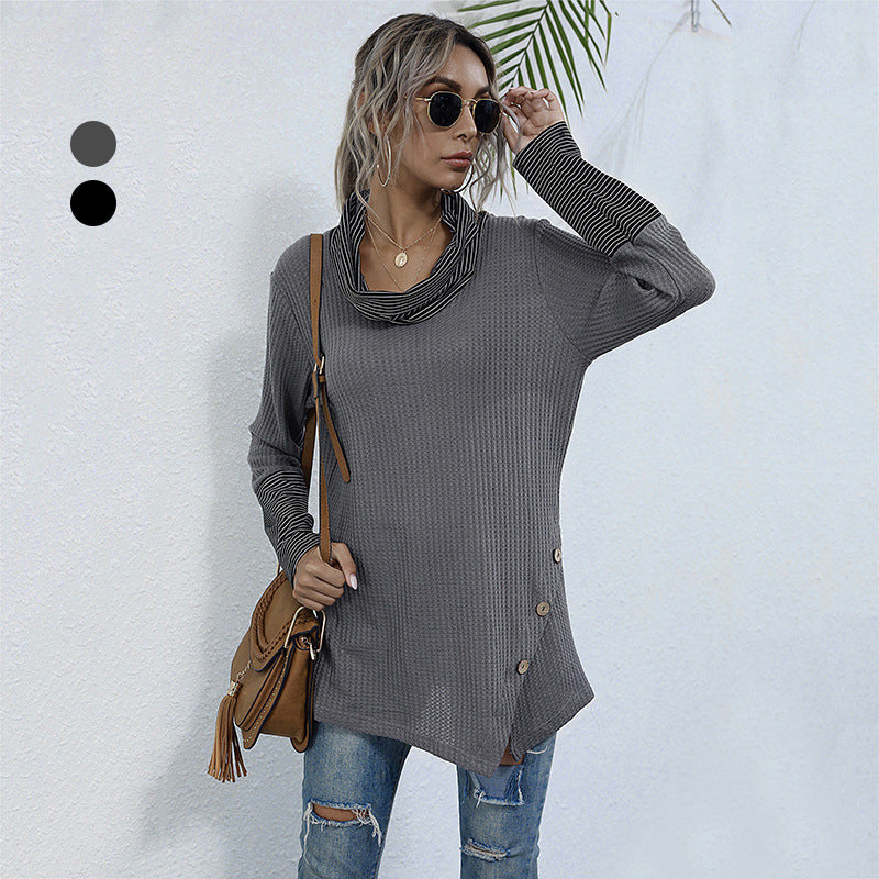 Ladies autumn and winter pile collar striped stitching bottoming shirt