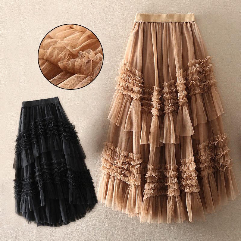 Beautiful Khaki asymmetrical design Tulle Tiered Fall Skirt