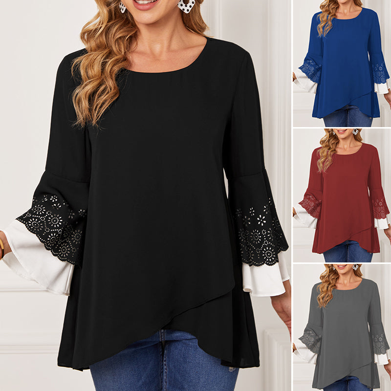 Women's Round Neck Contrast Color Nine-point Sleeve Shirt