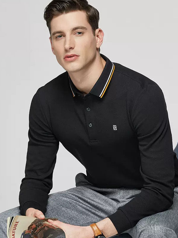Men's Solid Color Lapel Long Sleeved Polo Shirt