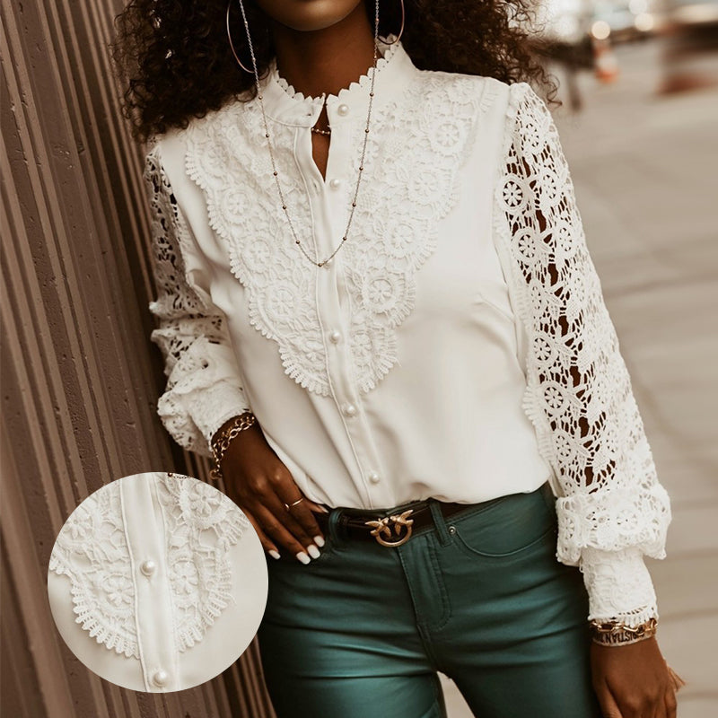 Lace Long Sleeve V-Neck Button-Up Shirt