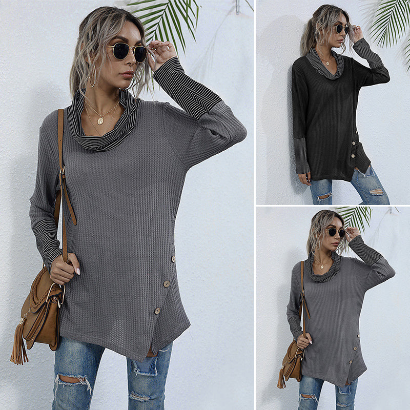 Ladies autumn and winter pile collar striped stitching bottoming shirt