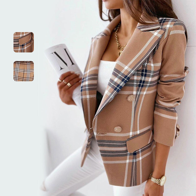 Long Sleeve Double Breasted Plaid Print Blazer