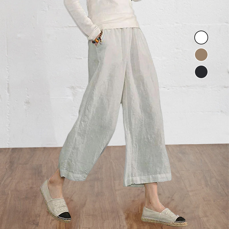 Solid Color Cotton and Linen Loose Wide-leg Cropped Pants