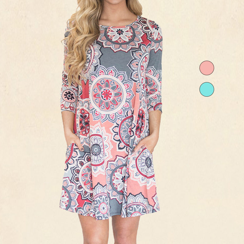 Sunflower Print Crew Neck Fashion Dress