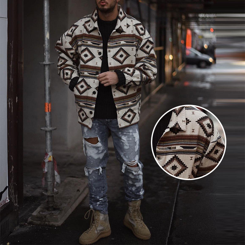 Printed Geometric Lapel Button-Up Jacket