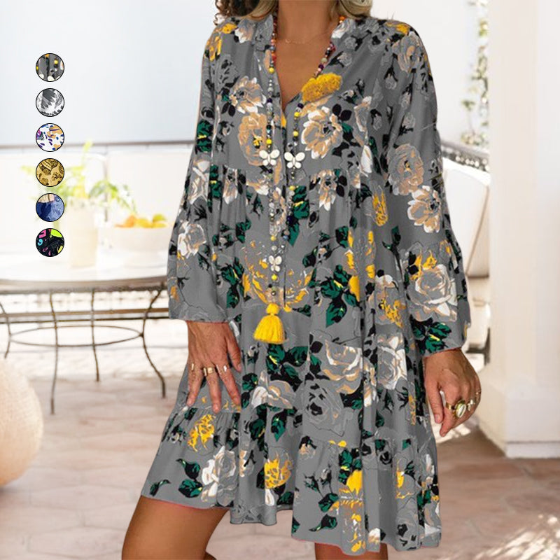 V-Neck Button-Up Ruffle Dress