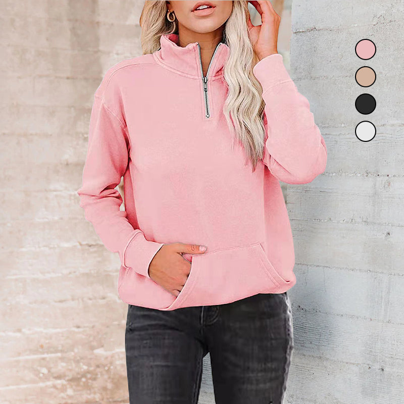 Solid Color Zip Up Collar Sweatshirt