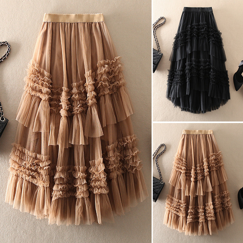 Beautiful Khaki asymmetrical design Tulle Tiered Fall Skirt