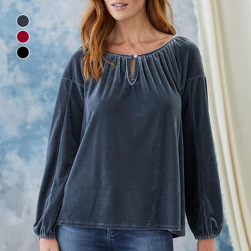 Crewneck Pullover Smocked Balloon Sleeve Velvet Top