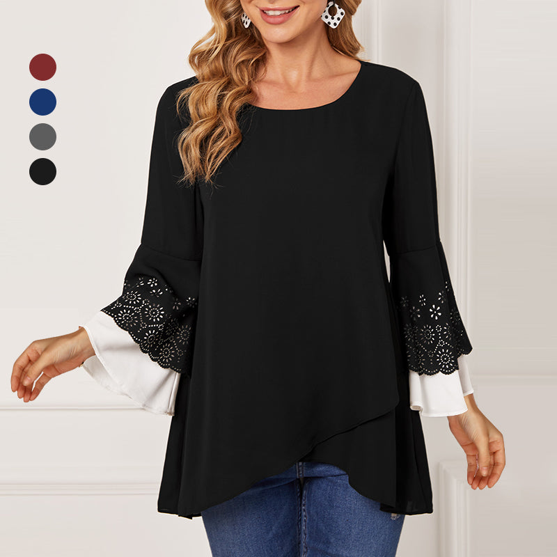 Women's Round Neck Contrast Color Nine-point Sleeve Shirt