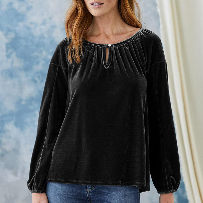 Crewneck Pullover Smocked Balloon Sleeve Velvet Top