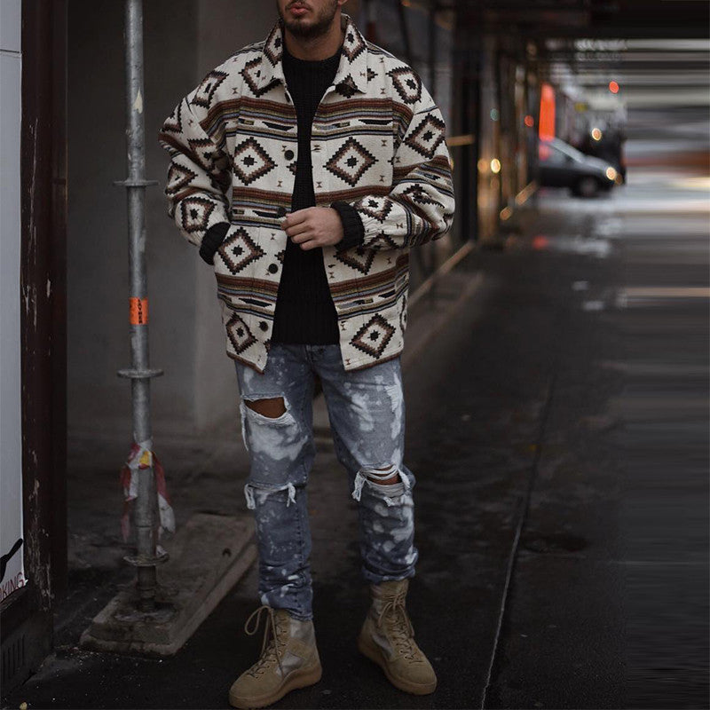 Printed Geometric Lapel Button-Up Jacket