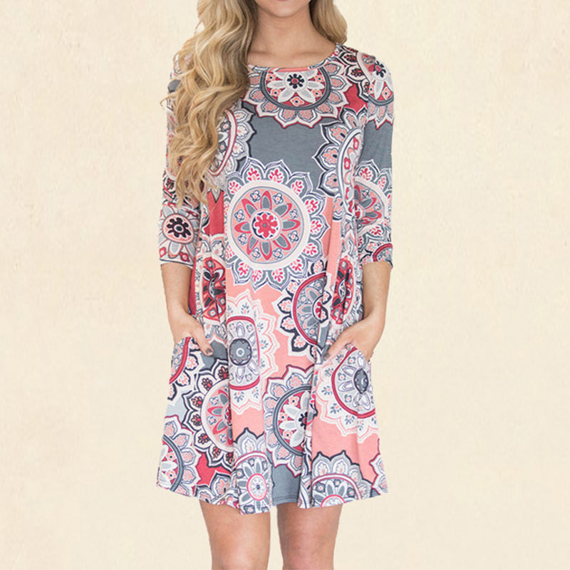 Sunflower Print Crew Neck Fashion Dress