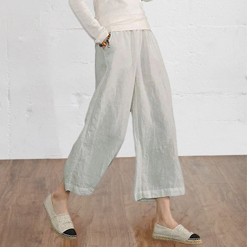 Solid Color Cotton and Linen Loose Wide-leg Cropped Pants