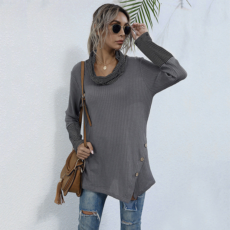 Ladies autumn and winter pile collar striped stitching bottoming shirt