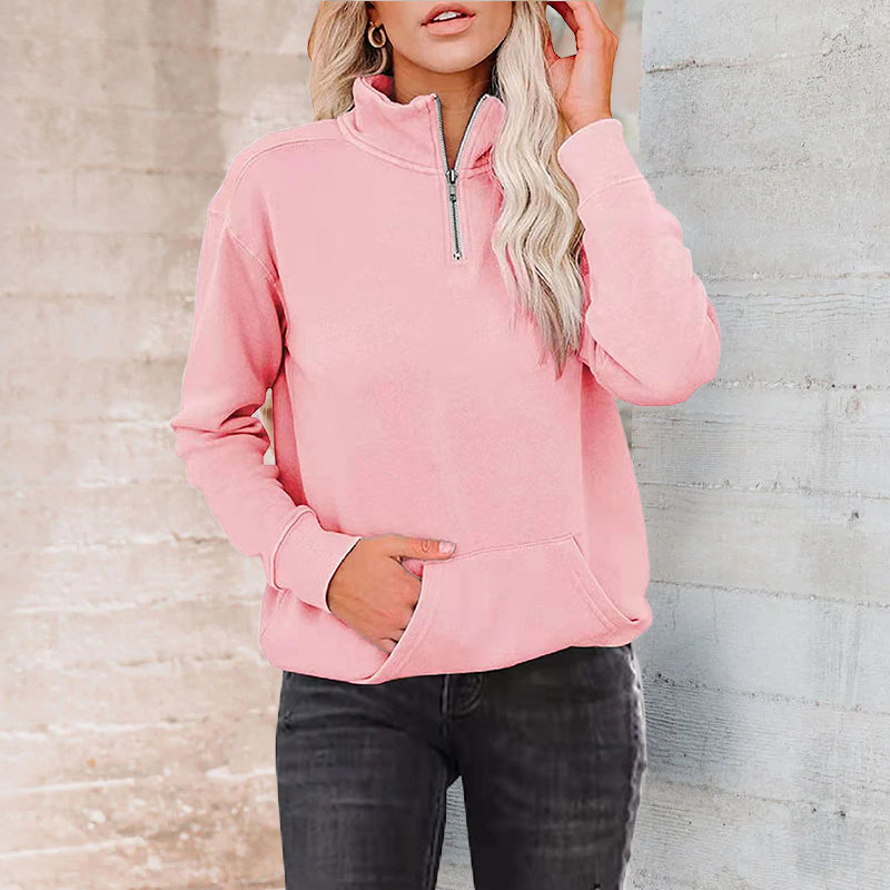 Solid Color Zip Up Collar Sweatshirt