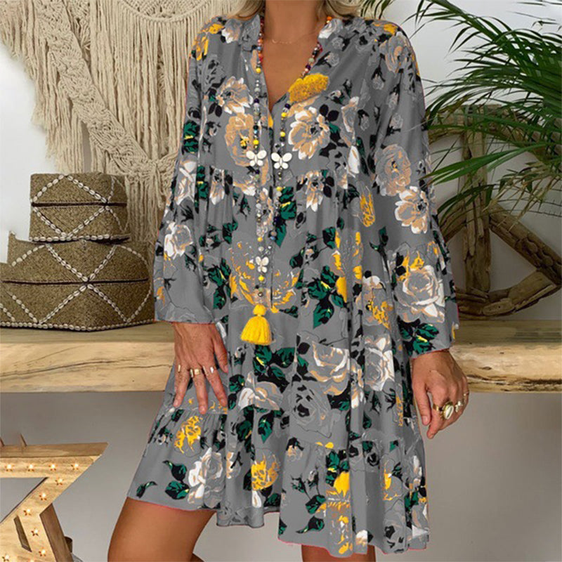 V-Neck Button-Up Ruffle Dress