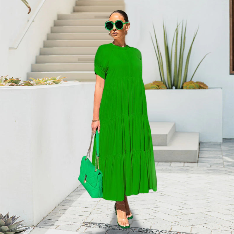 Button Solid Color Ruffled Plus Size Dress