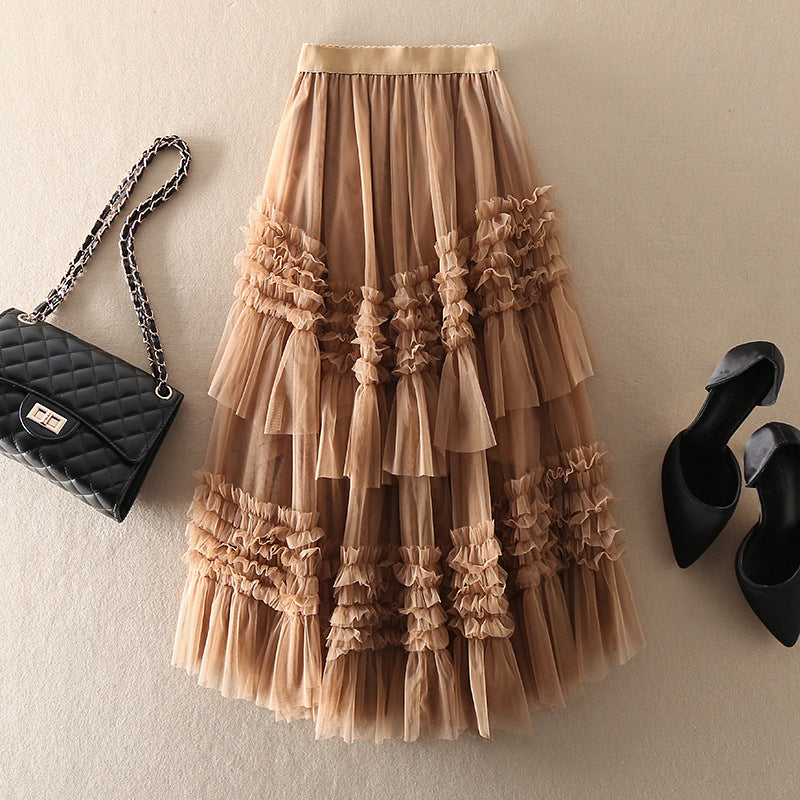 Beautiful Khaki asymmetrical design Tulle Tiered Fall Skirt