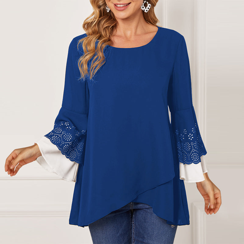 Women's Round Neck Contrast Color Nine-point Sleeve Shirt