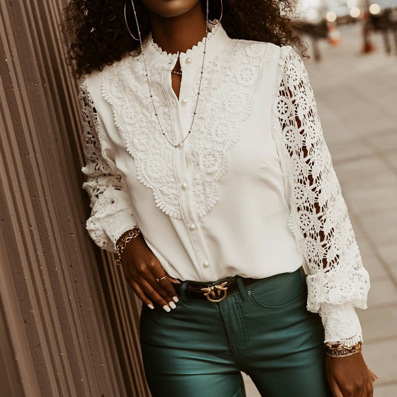 Lace Long Sleeve V-Neck Button-Up Shirt