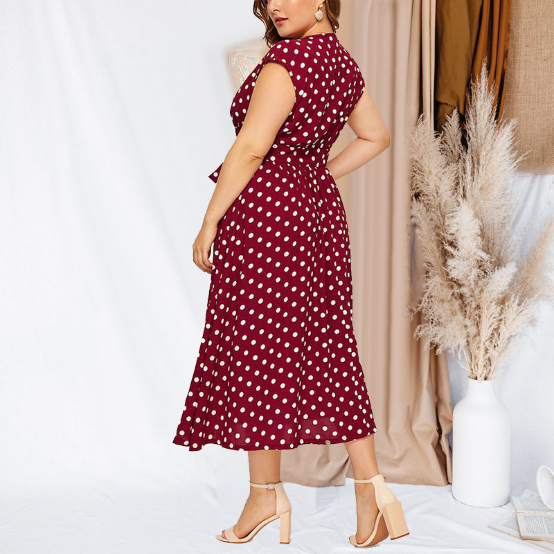 Polka Dot Waist V-Neck Dress