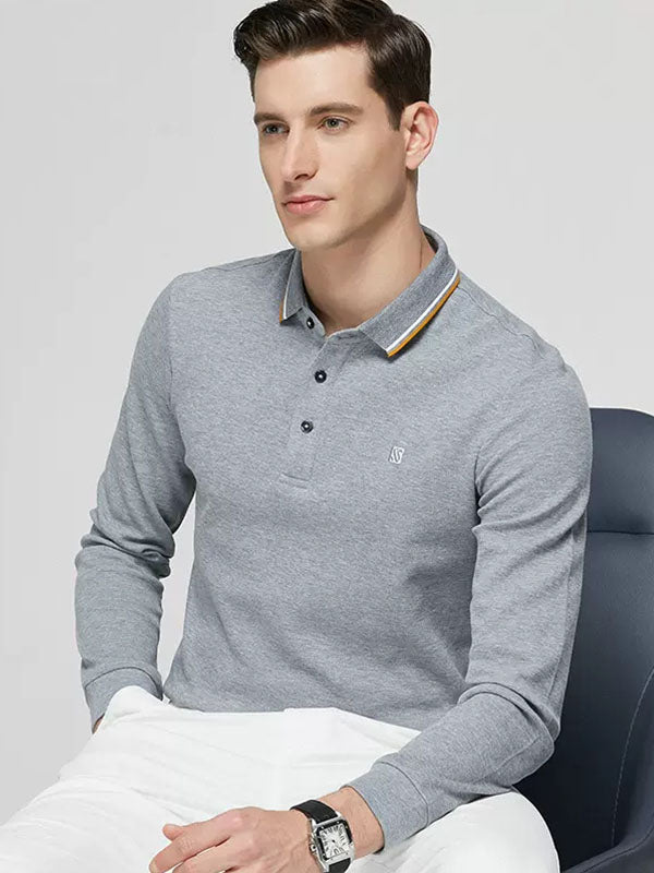 Men's Solid Color Lapel Long Sleeved Polo Shirt