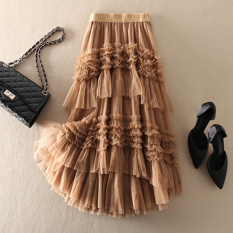 Beautiful Khaki asymmetrical design Tulle Tiered Fall Skirt