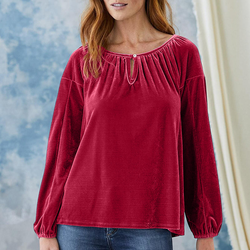 Crewneck Pullover Smocked Balloon Sleeve Velvet Top