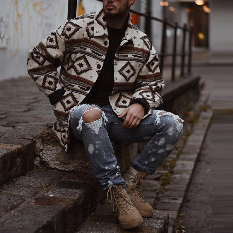 Printed Geometric Lapel Button-Up Jacket