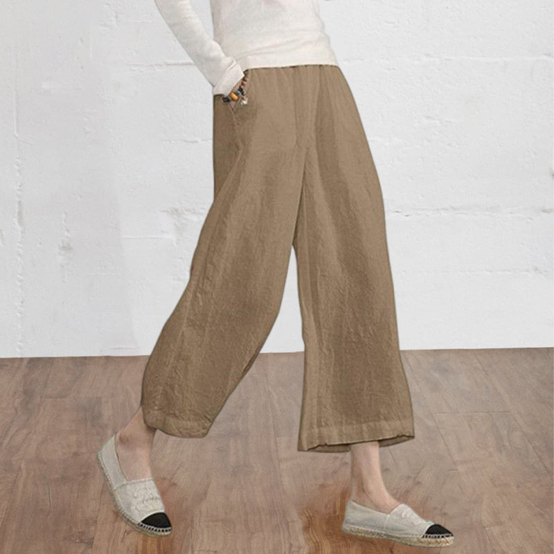 Solid Color Cotton and Linen Loose Wide-leg Cropped Pants