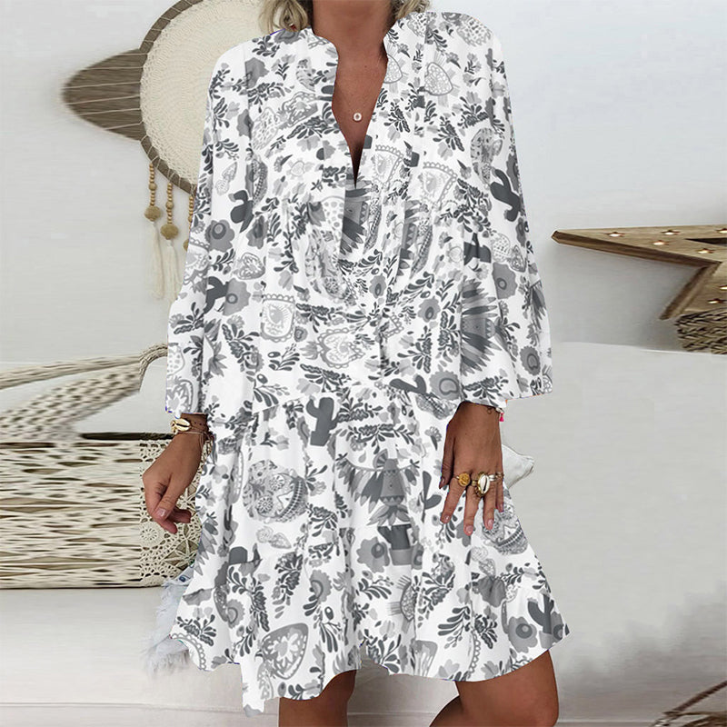 V-Neck Button-Up Ruffle Dress