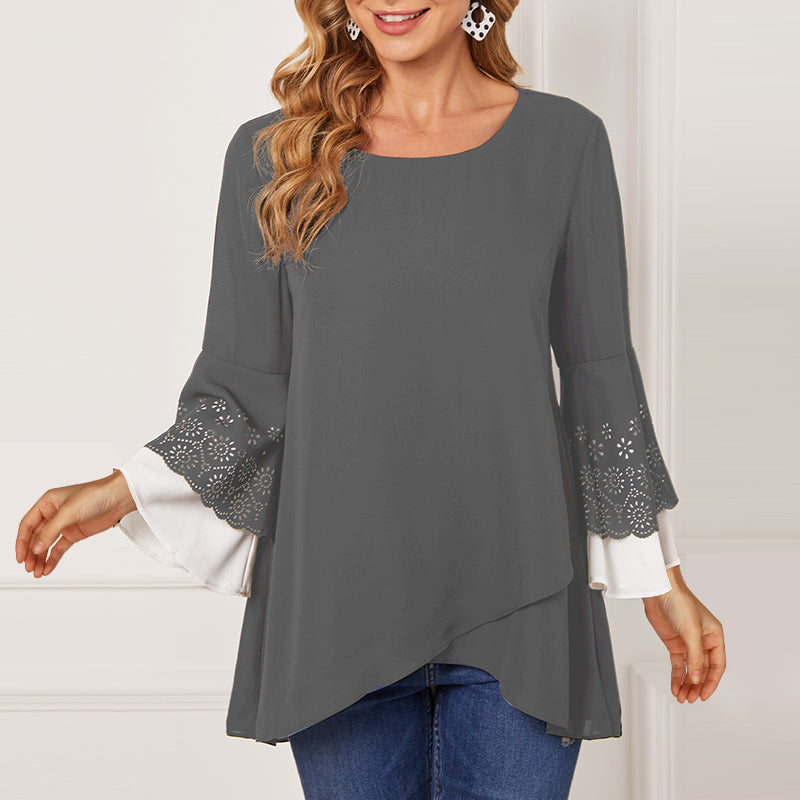 Women's Round Neck Contrast Color Nine-point Sleeve Shirt