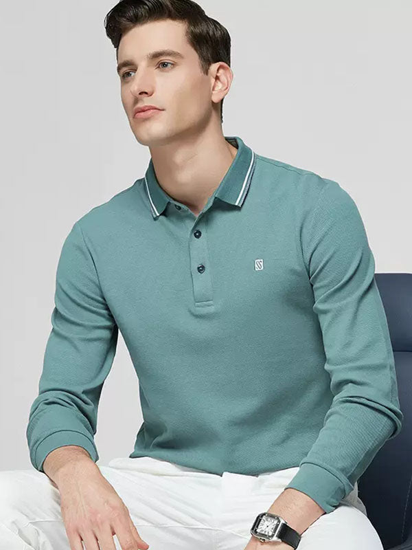 Men's Solid Color Lapel Long Sleeved Polo Shirt