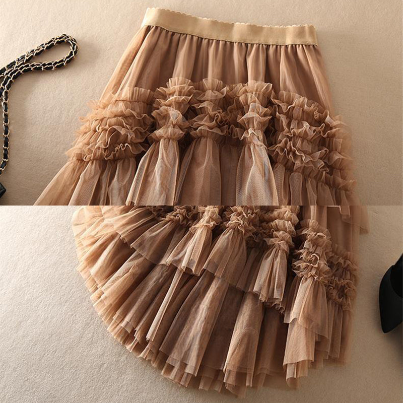 Beautiful Khaki asymmetrical design Tulle Tiered Fall Skirt