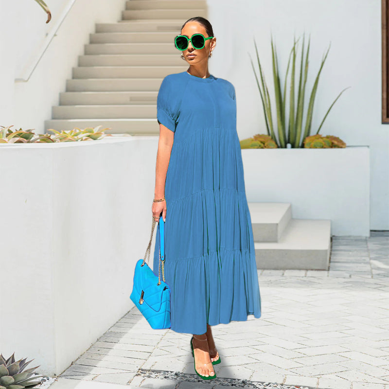 Button Solid Color Ruffled Plus Size Dress