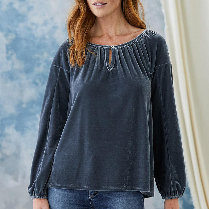 Crewneck Pullover Smocked Balloon Sleeve Velvet Top