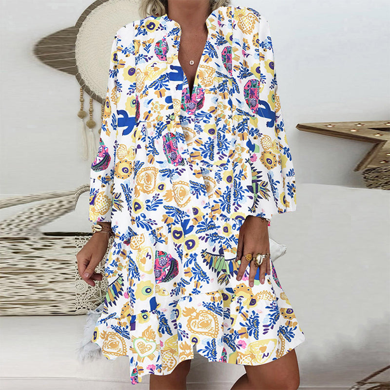 V-Neck Button-Up Ruffle Dress