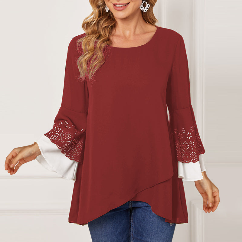 Women's Round Neck Contrast Color Nine-point Sleeve Shirt