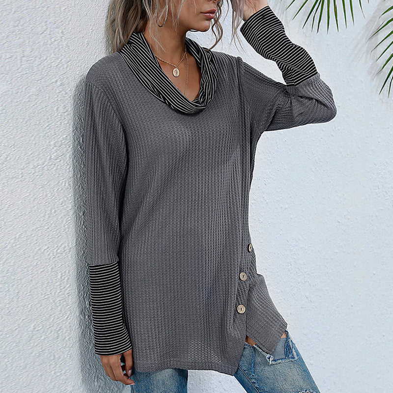 Ladies autumn and winter pile collar striped stitching bottoming shirt