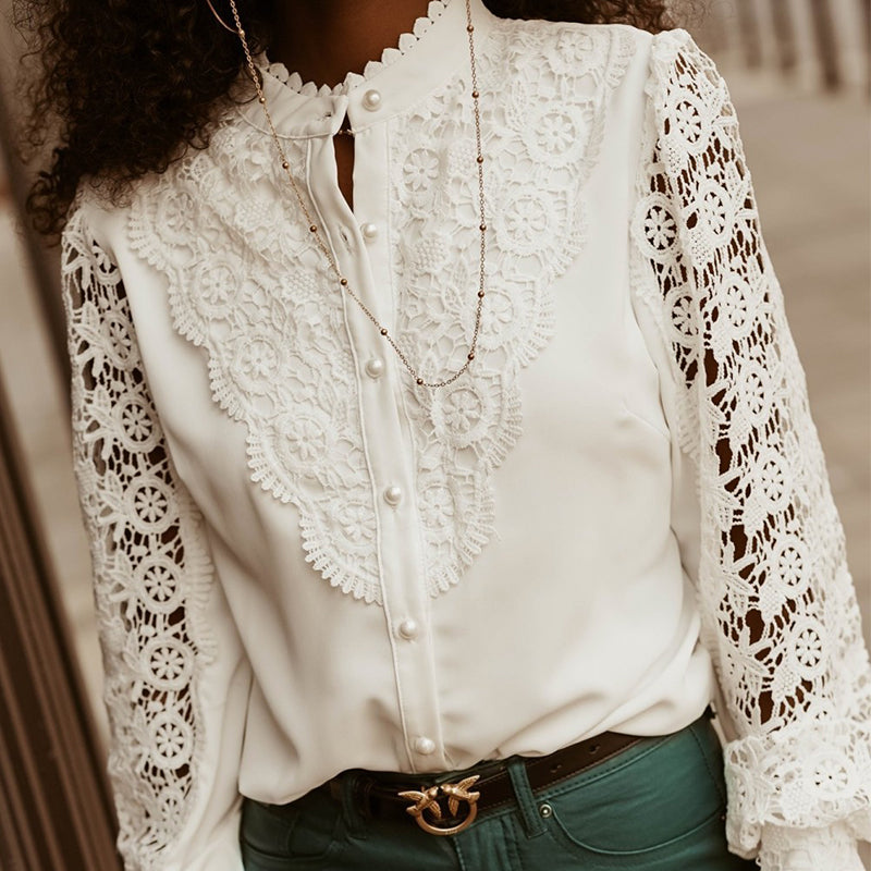 Lace Long Sleeve V-Neck Button-Up Shirt