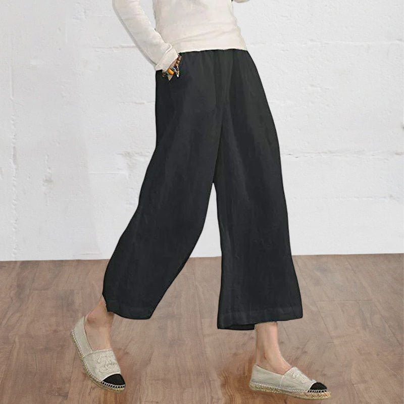 Solid Color Cotton and Linen Loose Wide-leg Cropped Pants