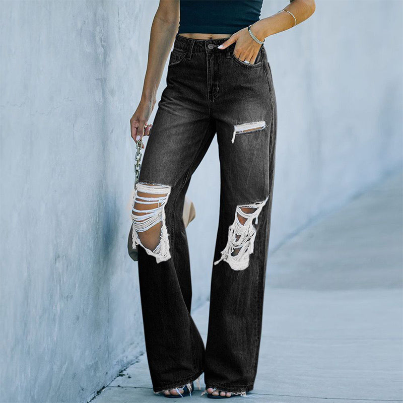 Women Wide Leg Distressed Jeans