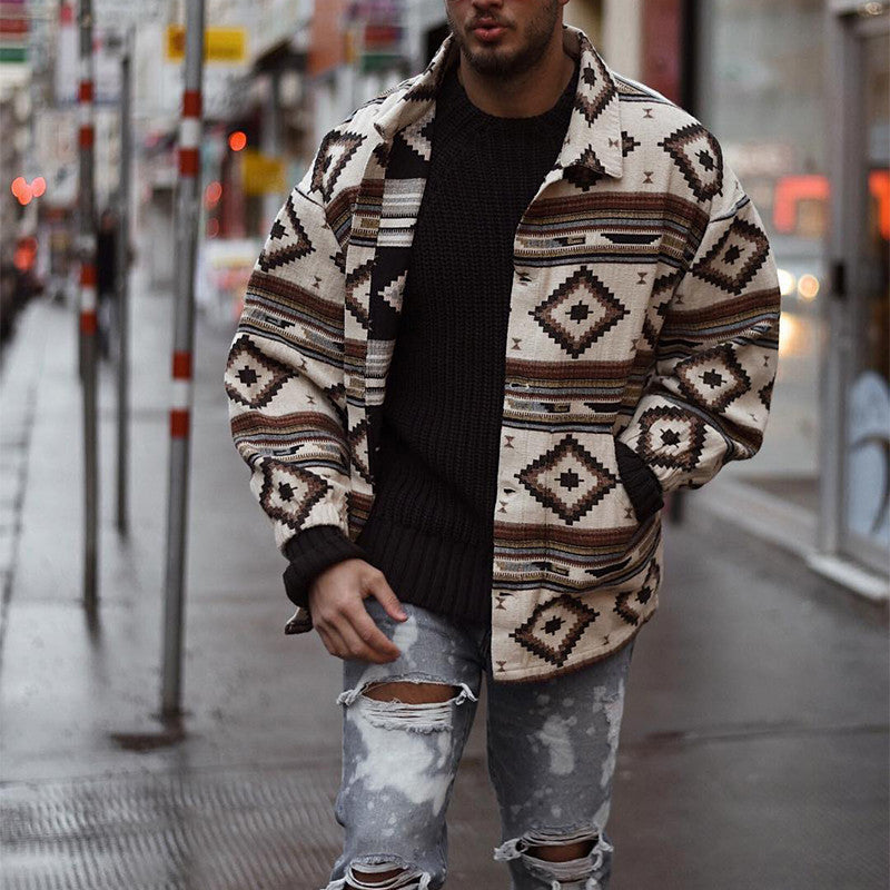Printed Geometric Lapel Button-Up Jacket